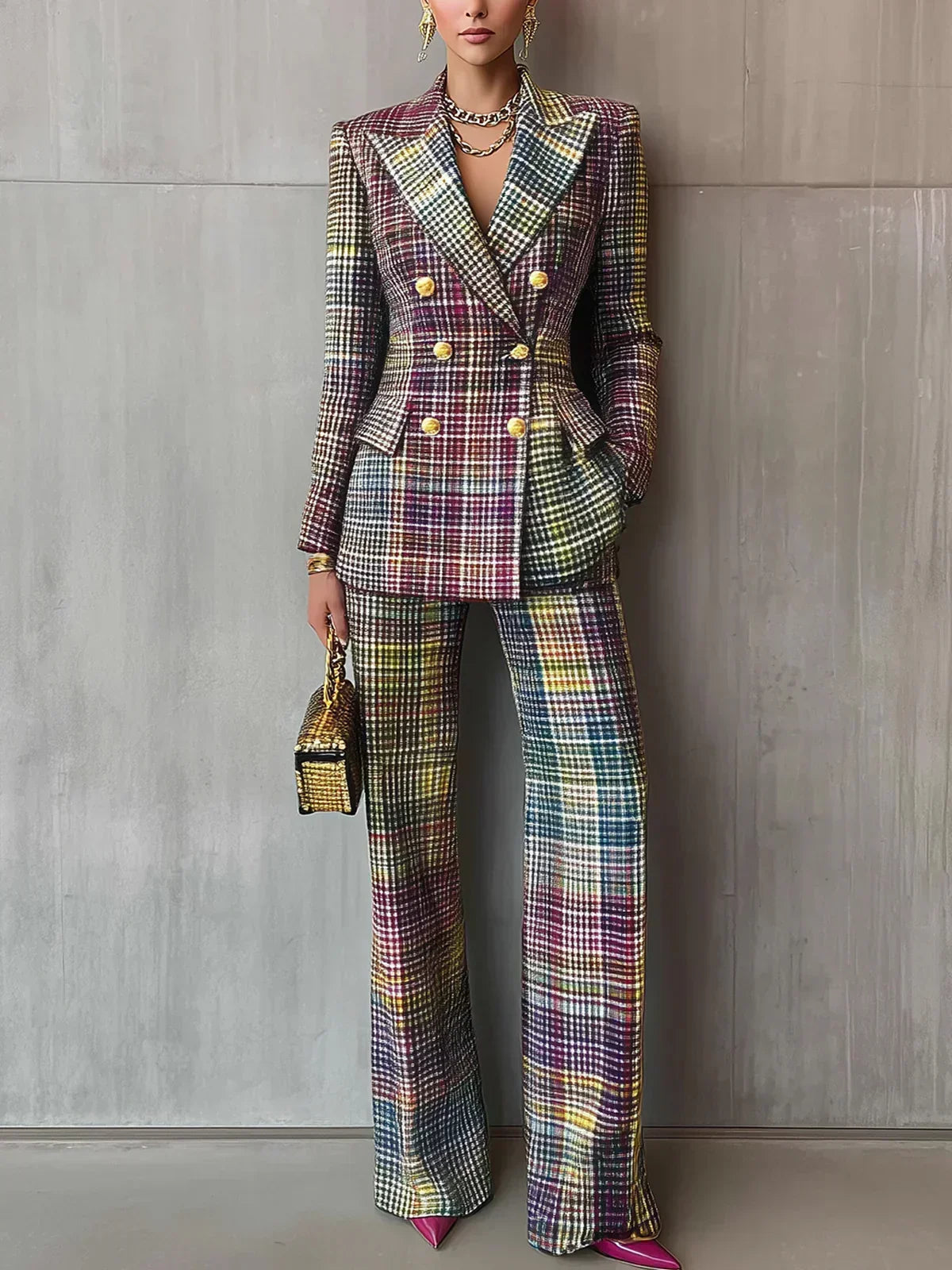Women's Clothing - Luxe Multicolor V-neck Suit - Sophia - product view 1