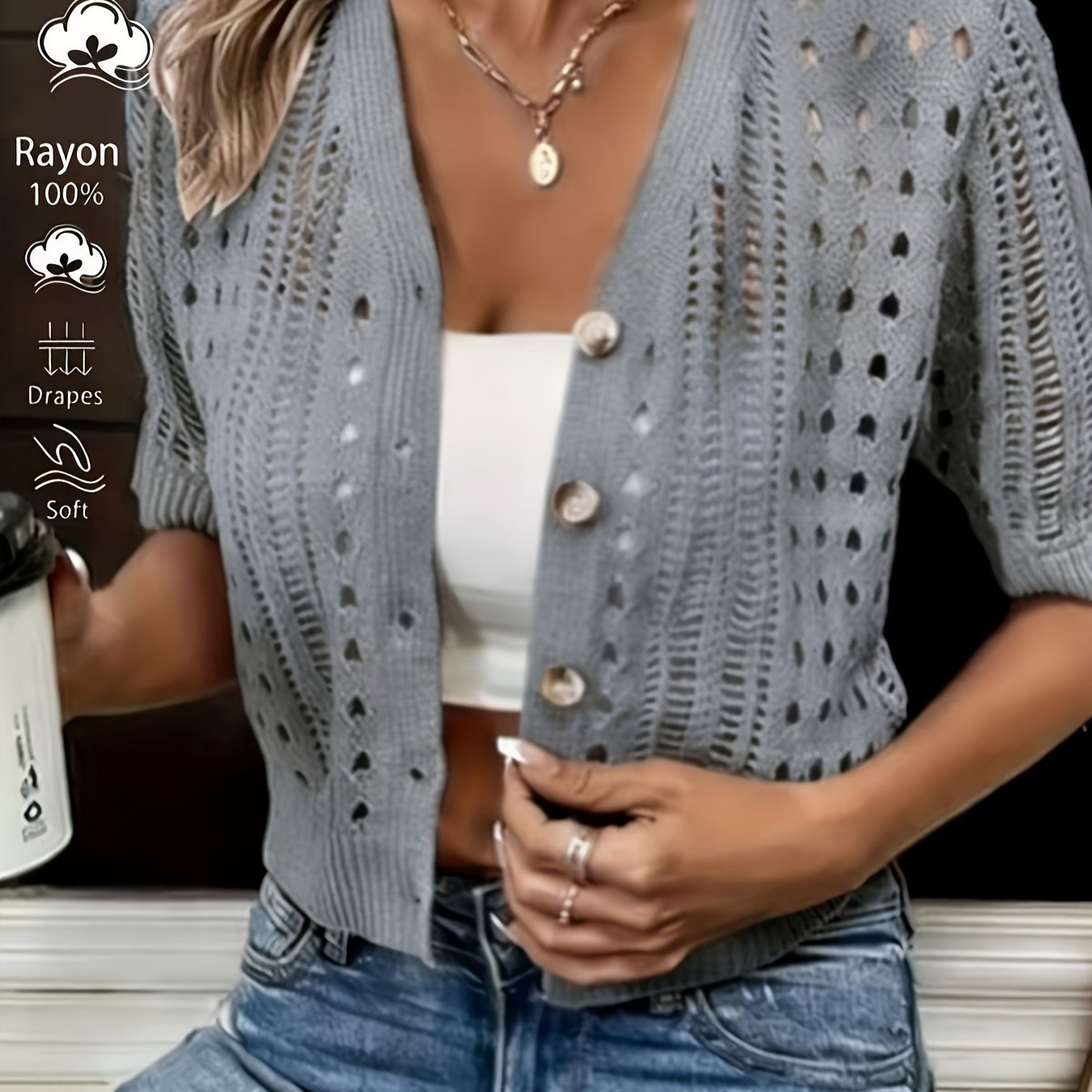 Women's Cardigan - Open-Knit Short-Sleeve - Delphine - product view 17