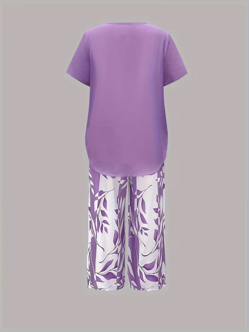 Women's Two-Piece Set - Casual Leaf Print Two Piece Set - Summer - product view 10