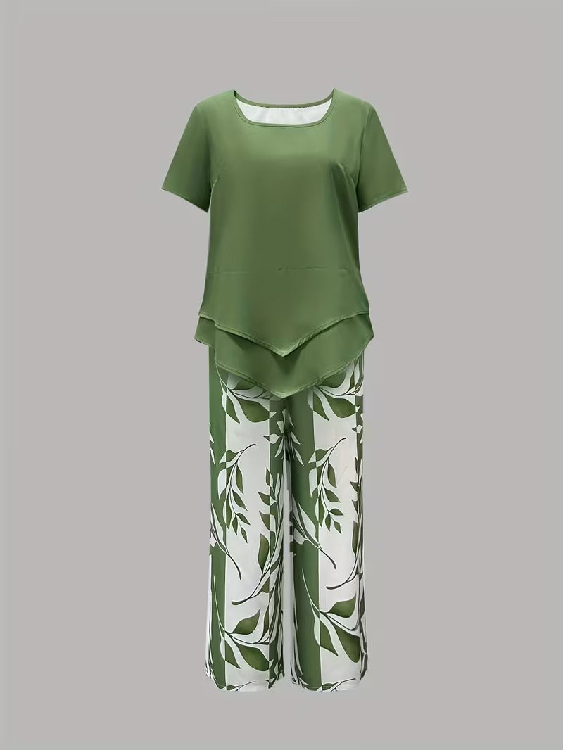 Women's Two-Piece Set - Casual Leaf Print Two Piece Set - Summer - product view 5