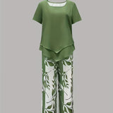 Women's Two-Piece Set - Casual Leaf Print Two Piece Set - Summer - product view 5