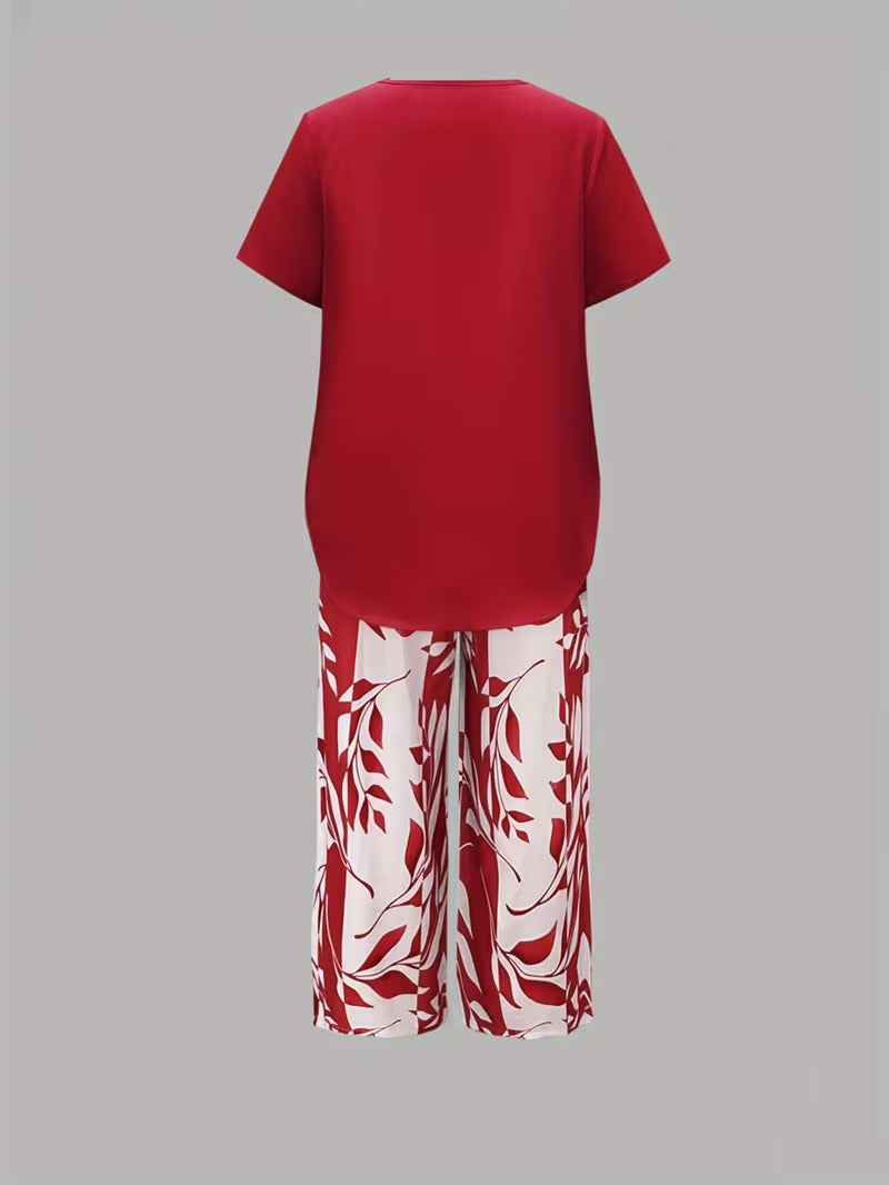 Women's Two-Piece Set - Casual Leaf Print Two Piece Set - Summer - product view 12