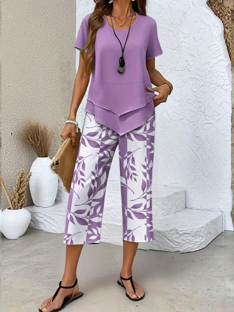 Women's Two-Piece Set - Casual Leaf Print Two Piece Set - Summer - product view 4