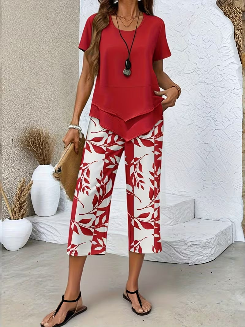 Women's Two-Piece Set - Casual Leaf Print Two Piece Set - Summer - product view 3