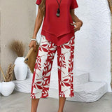 Women's Two-Piece Set - Casual Leaf Print Two Piece Set - Summer - product view 3