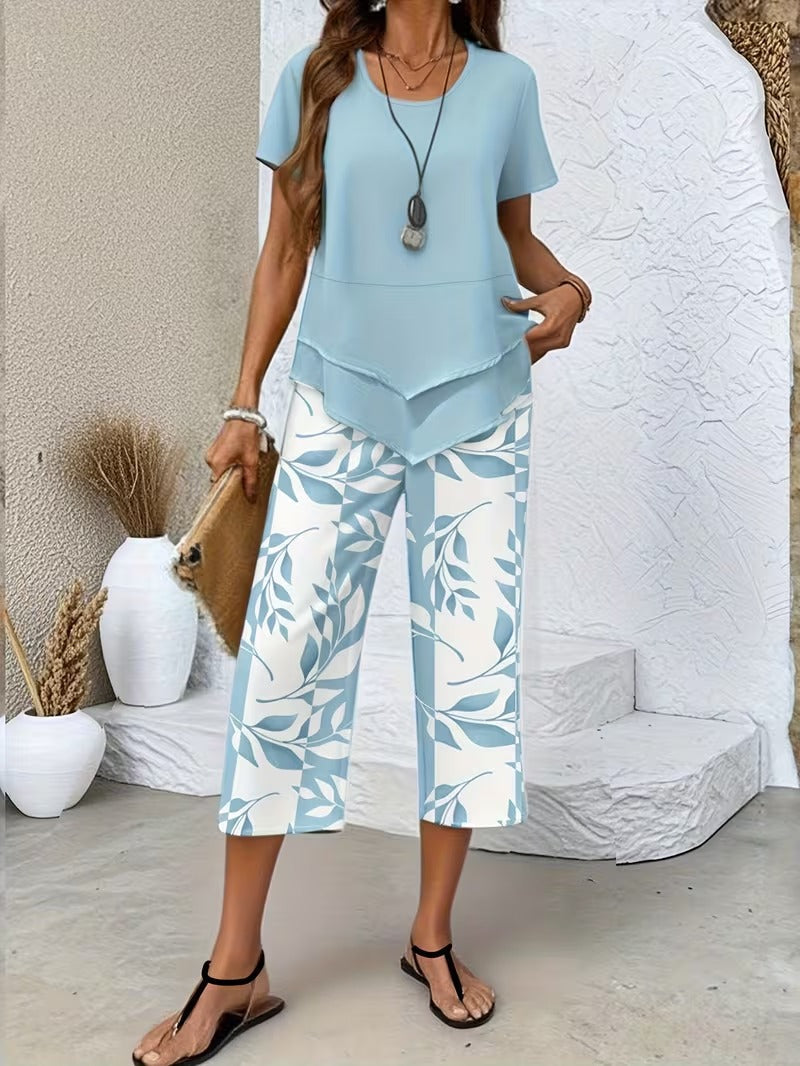 Women's Two-Piece Set - Casual Leaf Print Two Piece Set - Summer - product view 2