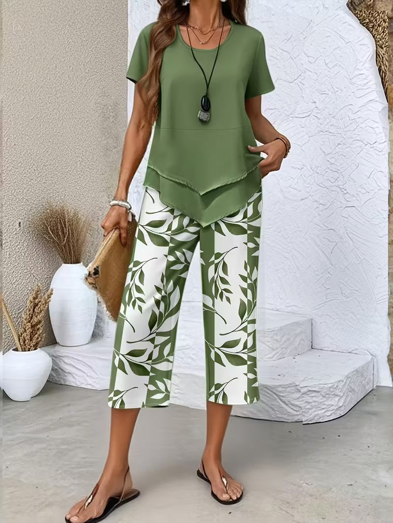 Women's Two-Piece Set - Casual Leaf Print Two Piece Set - Summer - product view 1