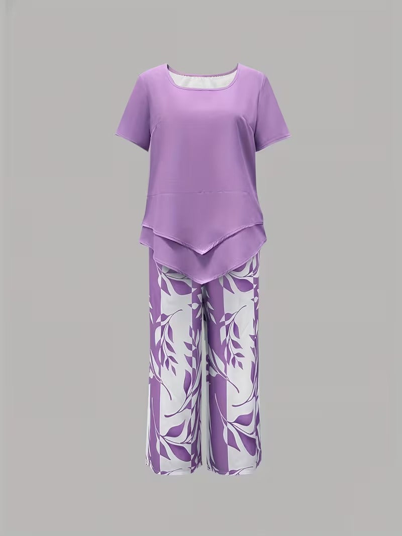 Women's Two-Piece Set - Casual Leaf Print Two Piece Set - Summer - product view 9