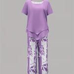 Women's Two-Piece Set - Casual Leaf Print Two Piece Set - Summer - product view 9