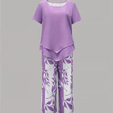 Women's Two-Piece Set - Casual Leaf Print Two Piece Set - Summer - product view 9