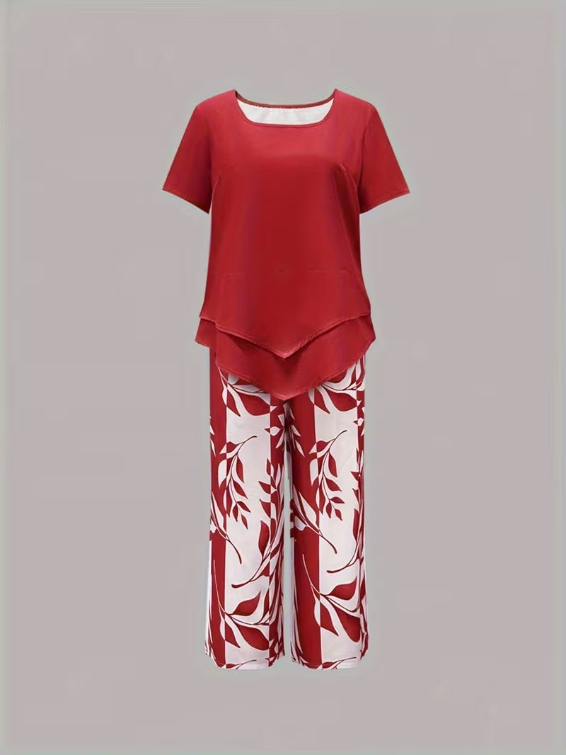 Women's Two-Piece Set - Casual Leaf Print Two Piece Set - Summer - product view 11