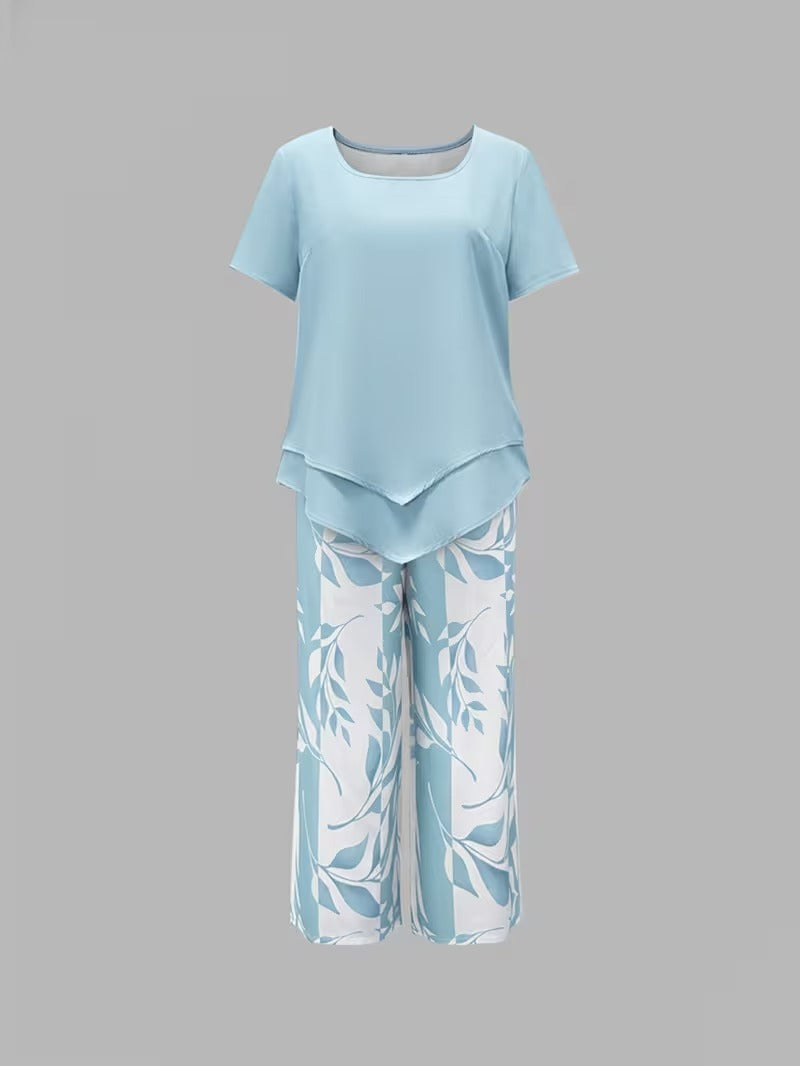 Women's Two-Piece Set - Casual Leaf Print Two Piece Set - Summer - product view 7