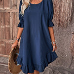 Effortless Linen A Line Dress for Women with Round Neck Puff Sleeve Ruffle Hem Mini Casual Summer Style
