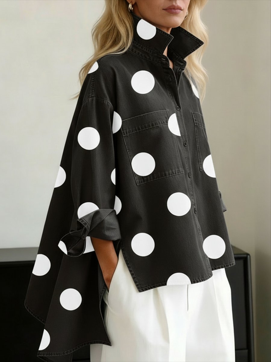 Effortless Black Shirt for Women with High Neck Long Sleeve Polka Dot Oversized Relaxed Style