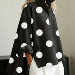 Effortless Black Shirt for Women with High Neck Long Sleeve Polka Dot Oversized Relaxed Style